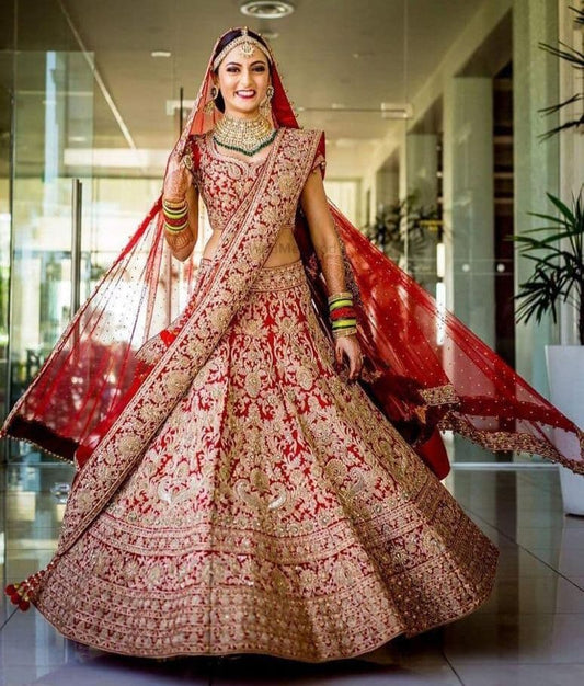Prodigious Red Color Wedding Wear Taffeta Silk Coding Embroidered Work Lehenga Choli
