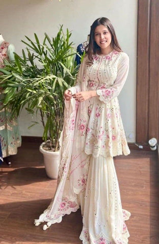 Alluring Off White Color Georgette Embroidered Work Sharara Suit