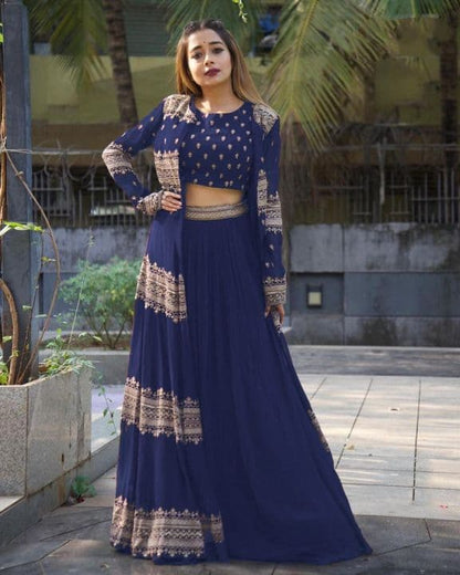 Smashing Navy Blue Color Georgette Embroidered Work Indo Western