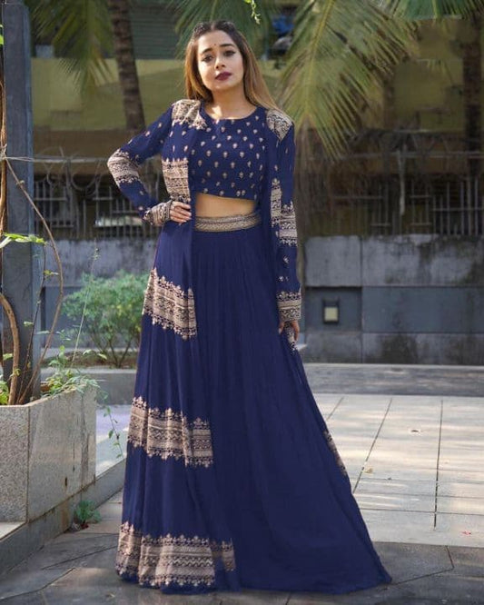 Smashing Navy Blue Color Georgette Embroidered Work Indo Western