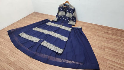 Smashing Navy Blue Color Georgette Embroidered Work Indo Western