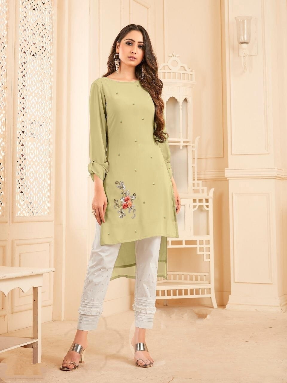 Function Wear Kurti Light Green Georgette With Diamond Work Readymade Kurti Pant CHETANA103J