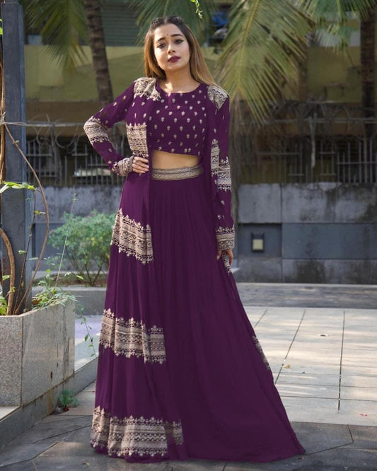 Stunning Wine Color Georgette Embroidered Indo Western Lehenga For Ladies