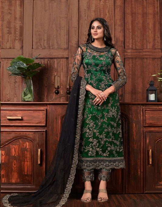 Decent Green Color Wedding Wear Net Embroidered Work Salwar Suit
