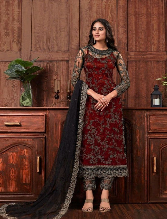 Fantastic Maroon Color Net Sequence Coding Work Salwar Suit