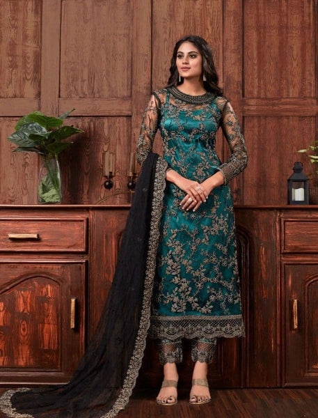 Preferable Firozi Color Net Design Embroidered Work Salwar Suit For Ladies