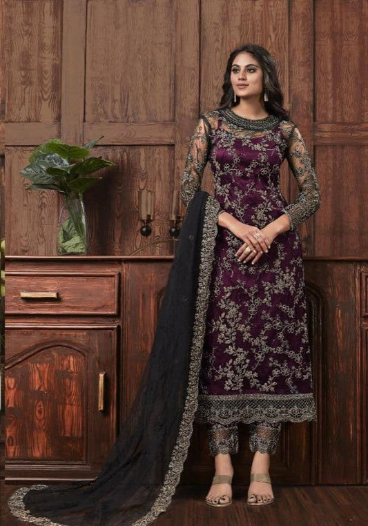 Mind-blowing Wine Color Net Function Wear Embroidered Work Salwar Suit