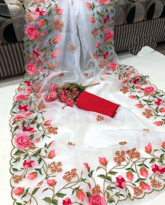 Desirable White Color Organza Embroidered Work Fancy Saree Blouse