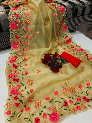 Amazaballs Mustard Color Embroidered Work Organza Fancy Saree Blouse For Party Wear