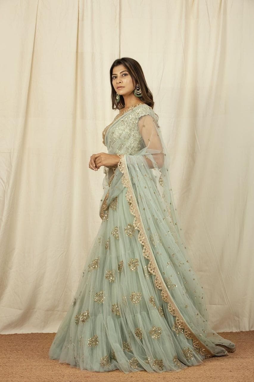 Classic Green Color Wedding Wear Net Silk Embroidered Work Lehenga Choli
