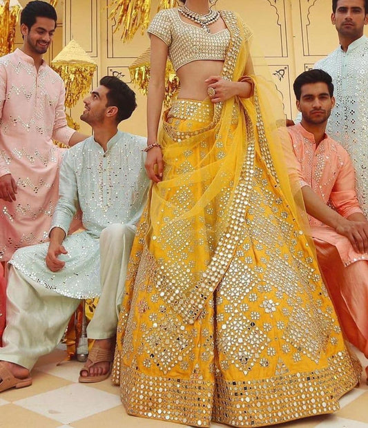Dismaying Yellow Color Wedding Wear Satin Embroidered Work Lehenga Choli