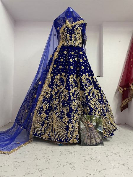 Entrancing Royal Blue Color Bridal Wear Velvet Embroidered Work Lehenga Choli