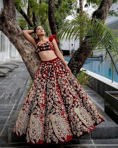 Astonishing Maroon Color Function Wear Velvet Embroidered Work Lehenga Choli