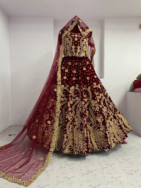 Astonishing Maroon Color Function Wear Velvet Embroidered Work Lehenga Choli