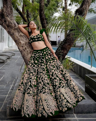 Striking Green Color Velvet Embroidered Work Occasion Wear Lehenga Choli