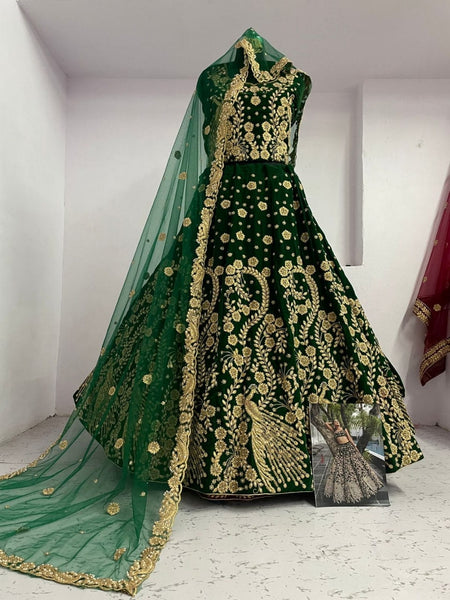 Striking Green Color Velvet Embroidered Work Occasion Wear Lehenga Choli