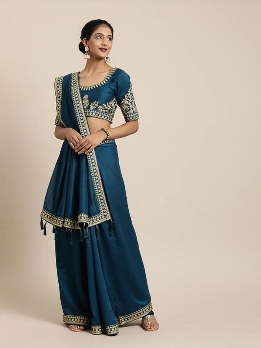 Classic Rama Blue Vichitra Silk Embroidered Work Fancy Saree Blouse