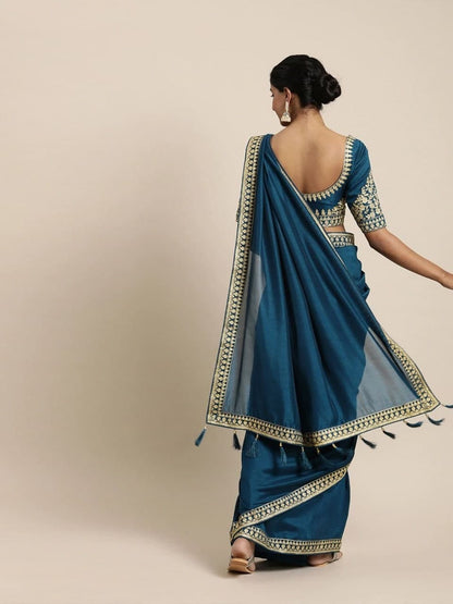 Classic Rama Blue Vichitra Silk Embroidered Work Fancy Saree Blouse
