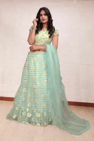Unique Sea Green Color Net Embroidered Work Lehenga Choli