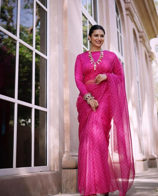 Stupendous Pink Color Organza Silk Printed Work Occasion Wear Fancy Saree Blouse