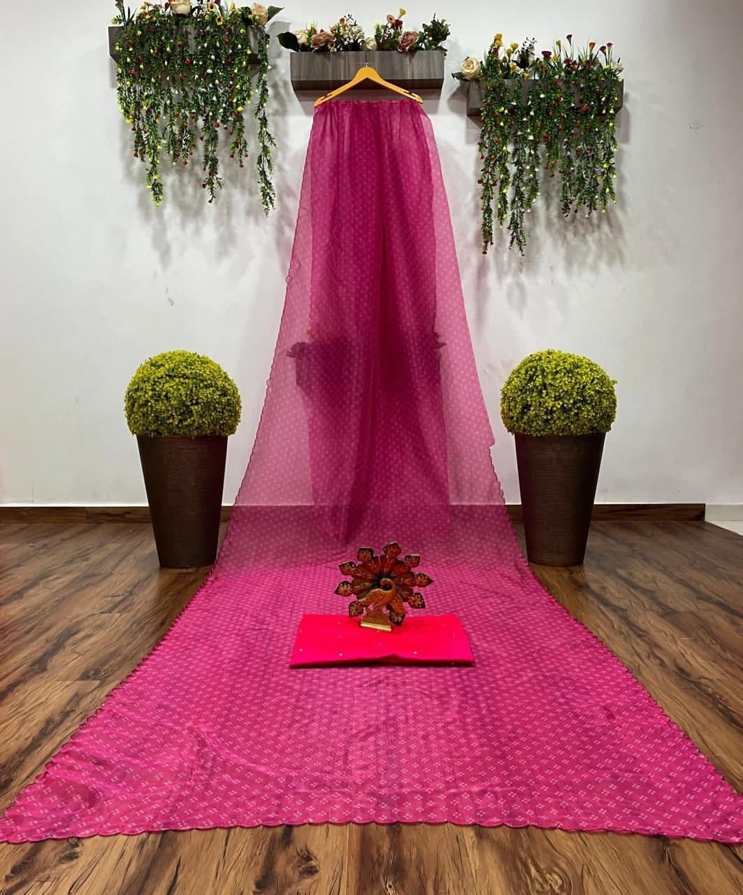 Stupendous Pink Color Organza Silk Printed Work Occasion Wear Fancy Saree Blouse