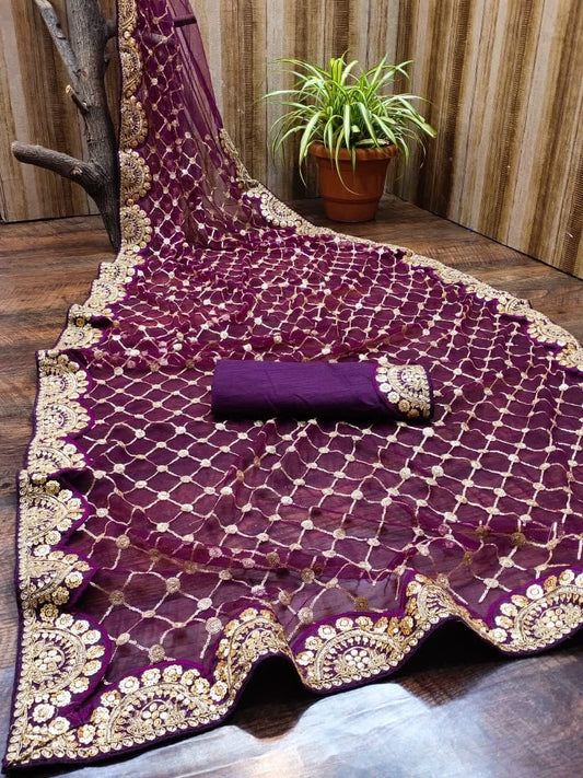 Dismaying Wine Color Party Wear Net Embroidered Work Fancy Saree Blouse