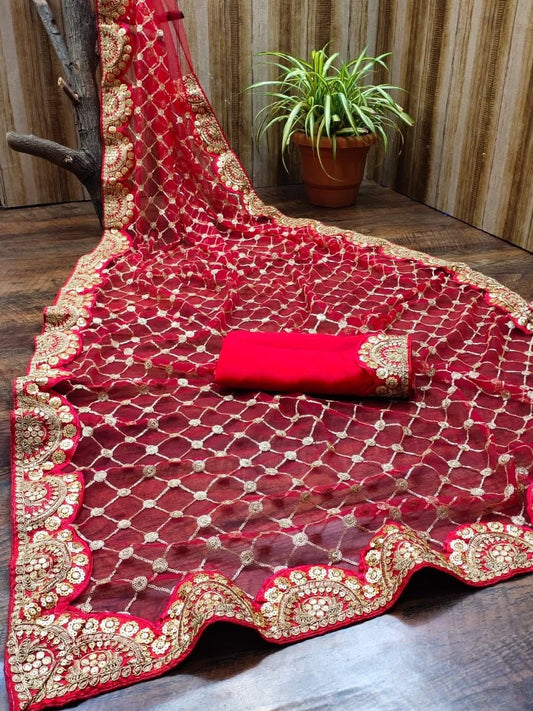 Blooming Red Color Net Sequence Work Occasion Wear Fancy Saree Blouse