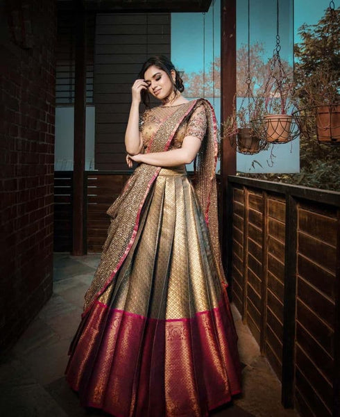 Captivation Golden Color Jacquard Wedding Wear Weaving Work Lehenga Choli
