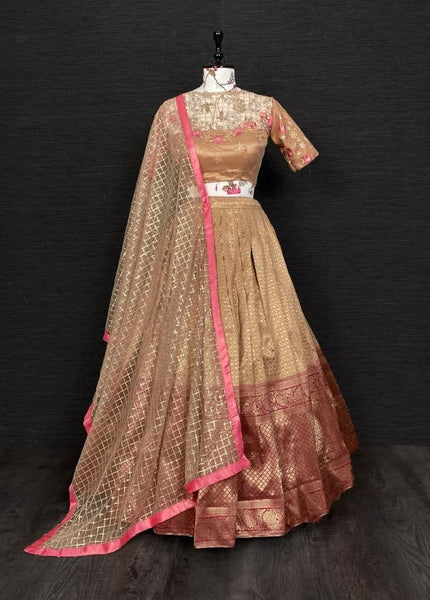 Captivation Golden Color Jacquard Wedding Wear Weaving Work Lehenga Choli