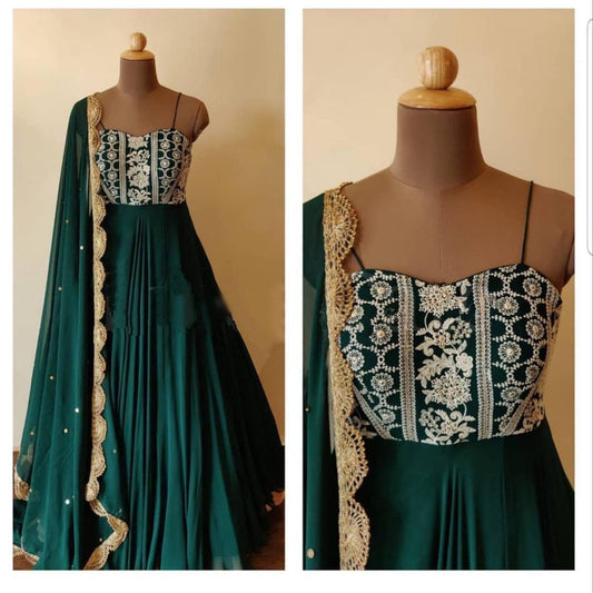 Staggering Green Color Embroidered Work Georgette Gown Dupatta