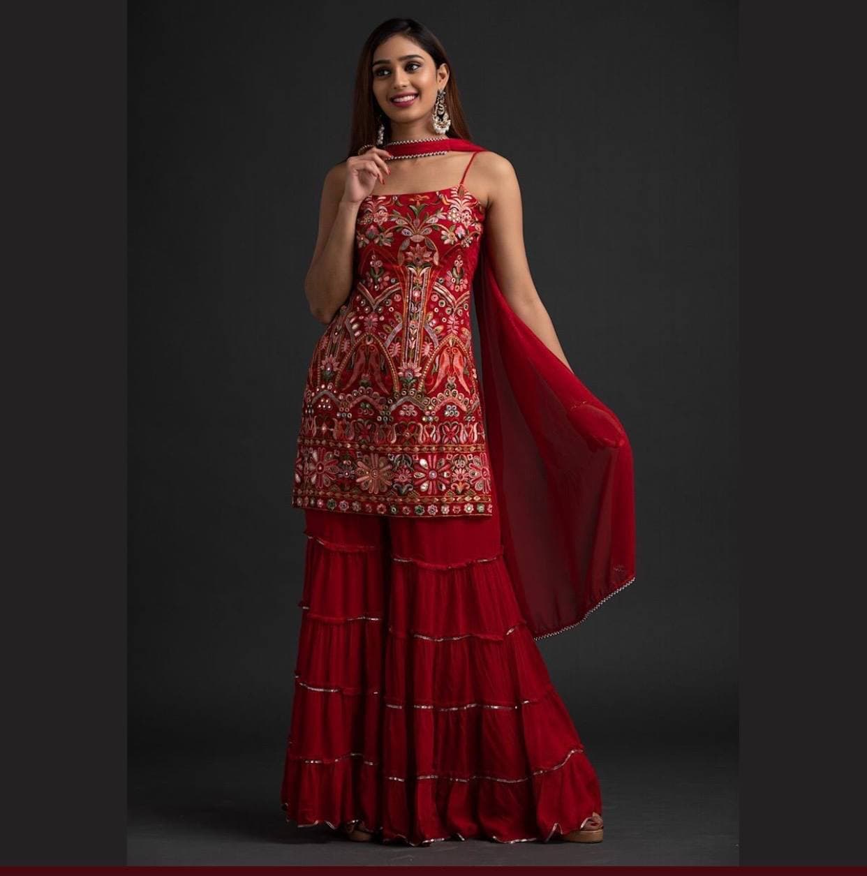 Stunning Red Color Georgette Party Wear Embroidered Work Sharara Suit