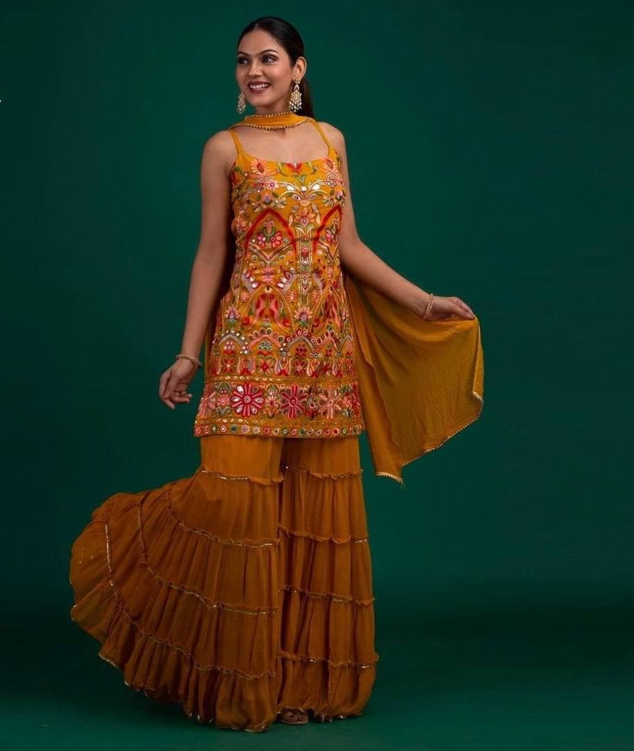 Amazing Mustard Color Occasion Wear Mirror Work Georgette Sharara Suit