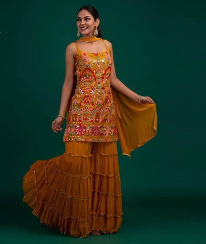 Amazing Mustard Color Occasion Wear Mirror Work Georgette Sharara Suit