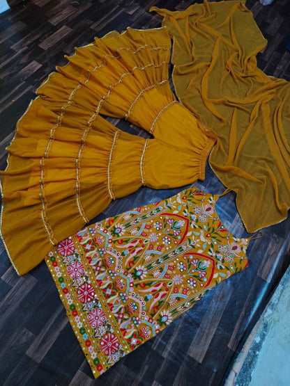 Amazing Mustard Color Occasion Wear Mirror Work Georgette Sharara Suit