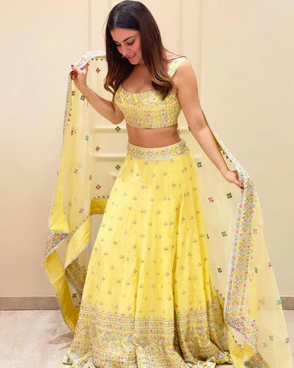 Bewildering Yellow Color Wedding Wear Georgette Embroidered Work Lehenga Choli