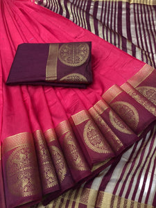 Astonishing Pink Color Festive Wear Raw Silk Weaving Fancy Saree Blouse