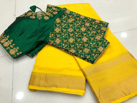 Imperial Yellow Color Silk Chit Pallu Function Wear Fancy Saree Blouse