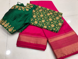 Dismaying Rani Pink Color Festive Wear Tussar Silk Chit Pallu Design Fancy Saree Blouse