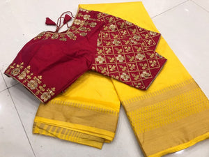 Awesome Yellow Color Running Wear Tussar Silk Chit Pallu Fancy Saree Blouse