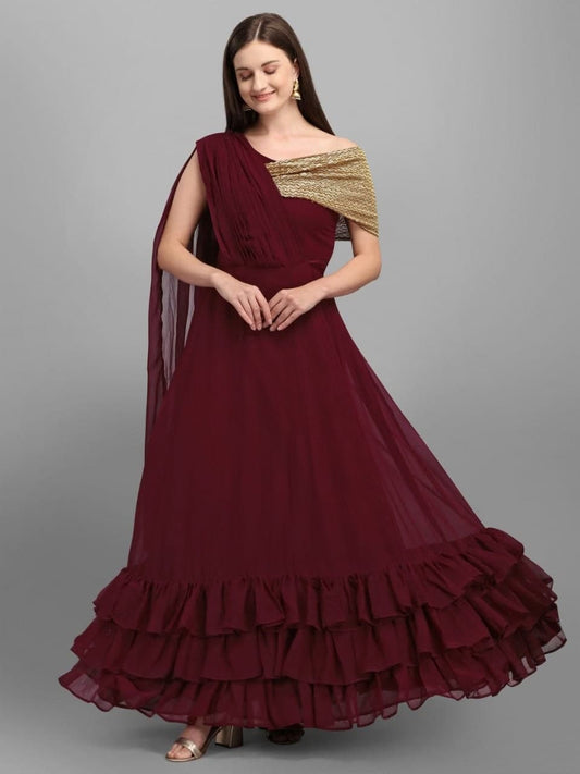 Elegant Maroon Color Party Wear Georgette Embroidered Work Gown