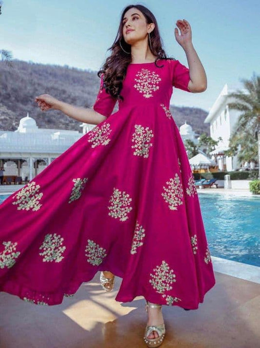 Flamboyant Rani Pink Color Full Stitched Cotton Rayon Printed Gown For Ladies