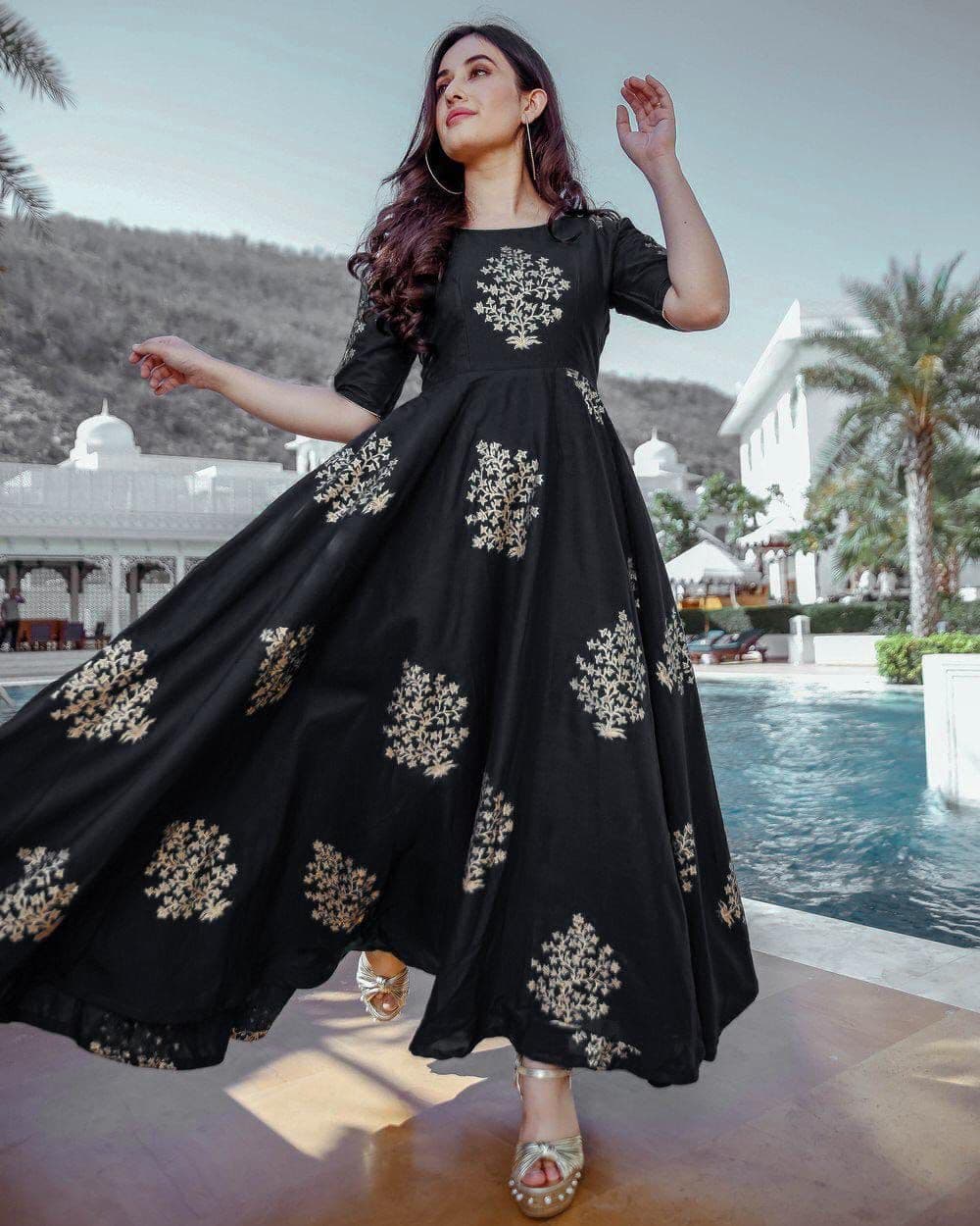 Bewildering Black Color Rayon printed Ready Made Gown For Party Wear
