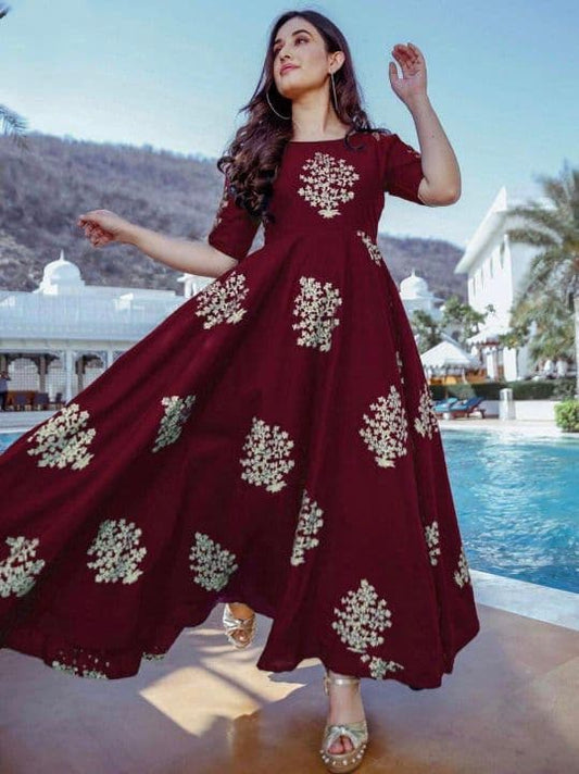 Striking Maroon Color Printed Rayon Full Stitched Gown For Running Wear