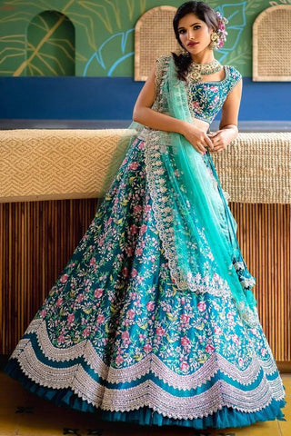 Appealing Aqua Blue Color Embroidered Work Design Satin Lehenga Choli