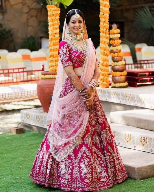 Dismaying Pink Color Embroidered Work Bridal Wear Satin Lehenga Choli