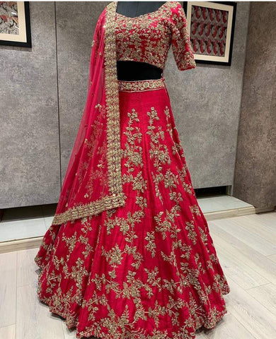 Gorgeous Red Color Embroidered Work Malay Satin Lehenga Choli For Wedding Wear