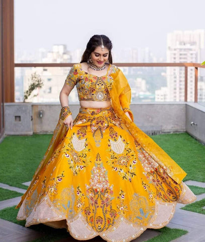 Adorable Yellow Color Festival Wear Satin Machine Embroidered Work Satin Lehenga Choli