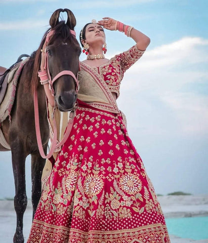 Astonishing Rani Pink Color Satin Designer Embroidered Work Lehenga Choli