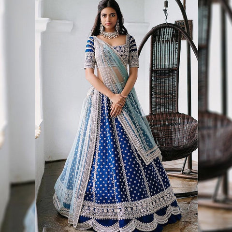Unique Dark Blue Color Velvet Embroidered Work Lehenga Choli For Party Wear