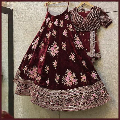 Alluring Maroon Color Velvet Embroidered Work Fancy Lehenga Choli For Ladies